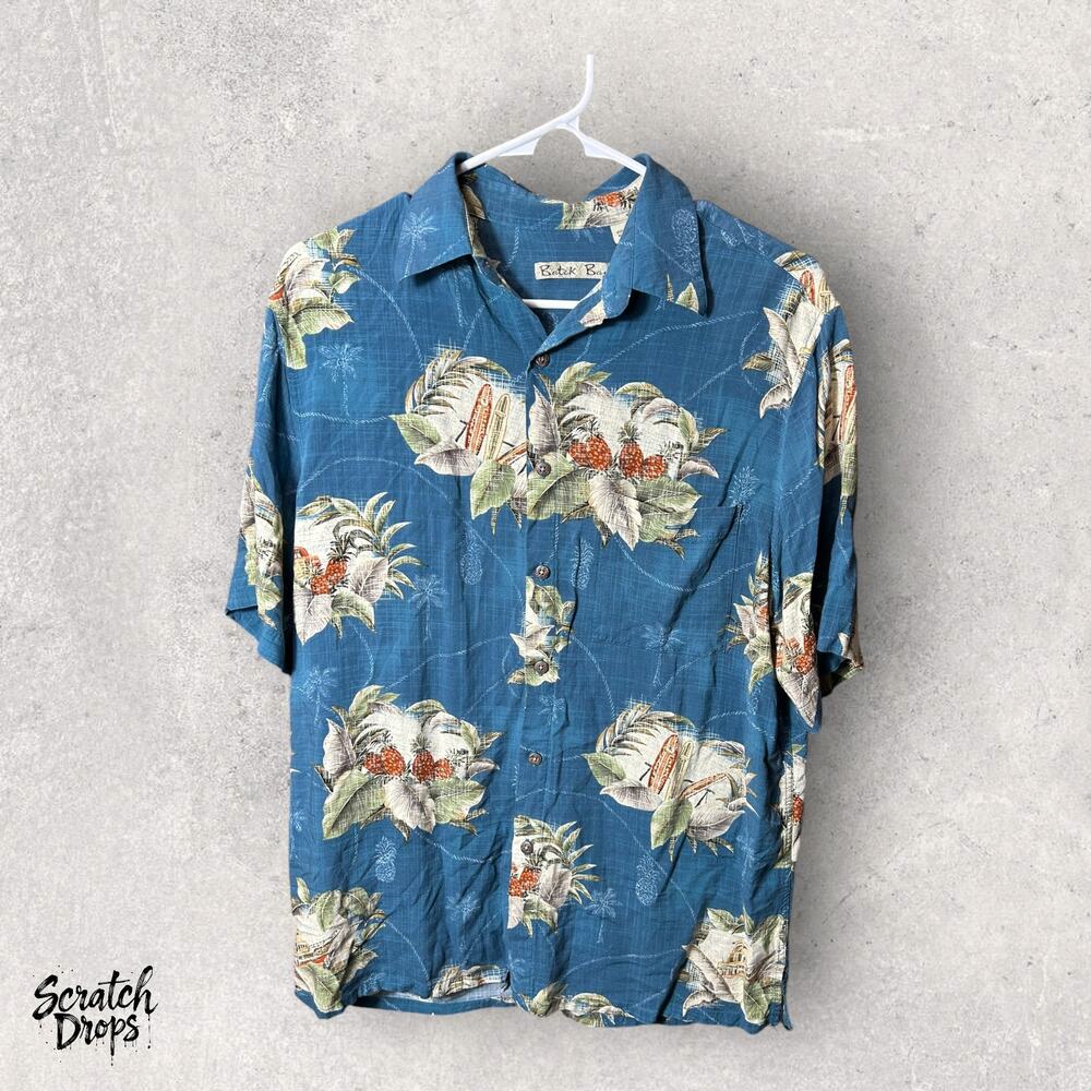 Vintage Batik Bay Hawaiian Shirt Men's Size M Blue Floral Print Short Sleeve Top
